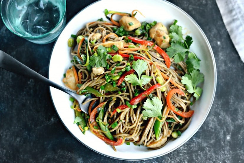 chicken vegetables and soba noodles in bowl spring recipe