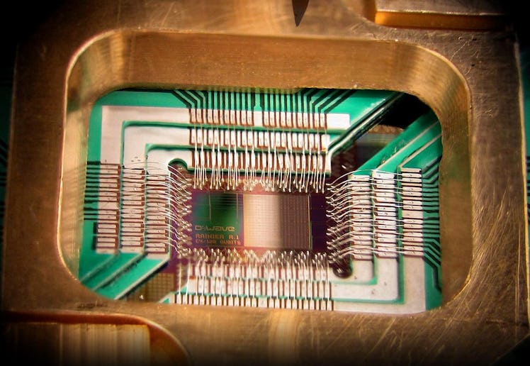 Photograph of a chip constructed by D-Wave Systems Inc. designed to operate as a 128-qubit supercond...