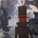 Luke floors the brakes on his buggy to stop for Professor Layton