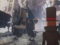 Luke floors the brakes on his buggy to stop for Professor Layton