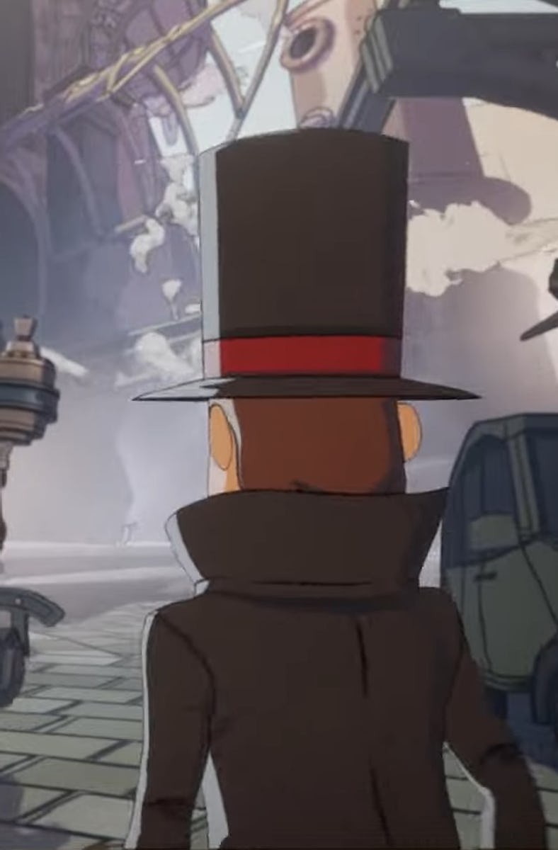 Luke floors the brakes on his buggy to stop for Professor Layton