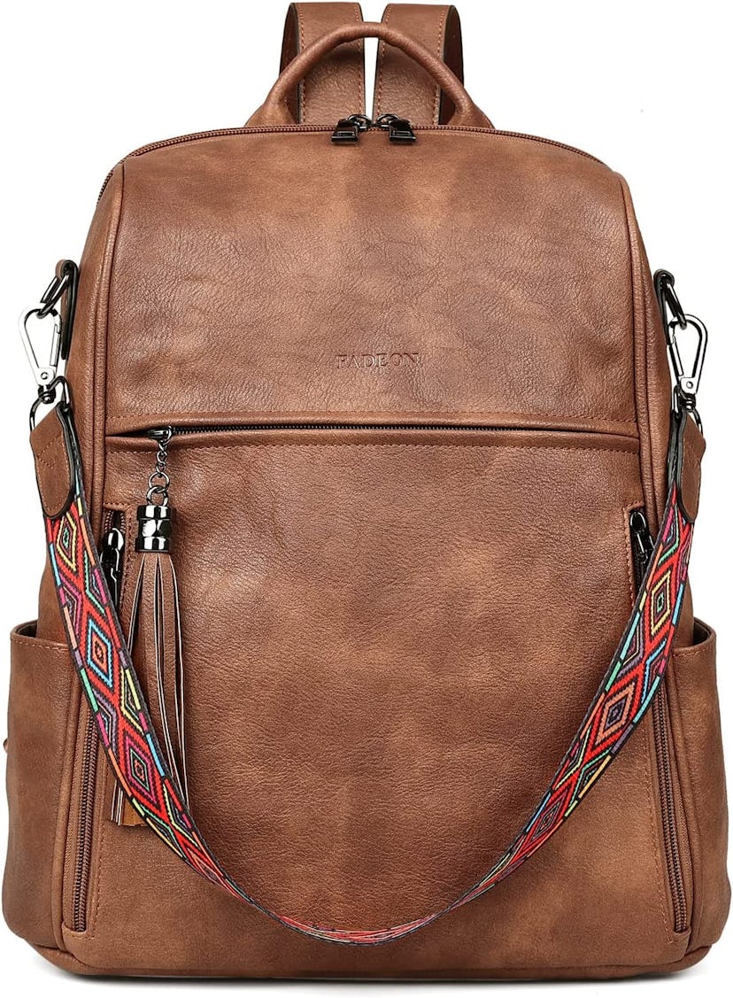 brown leather backpack