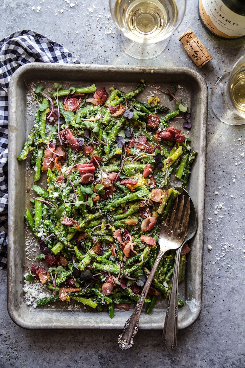 sheet pan of asparagus and bacon is a wonderful spring equinox recipe