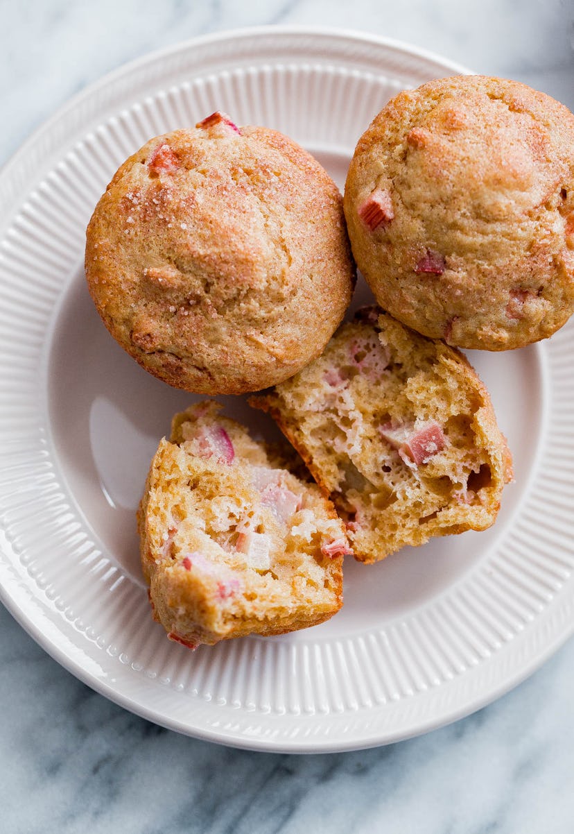 white plate with rhubarb muffins spring recipe