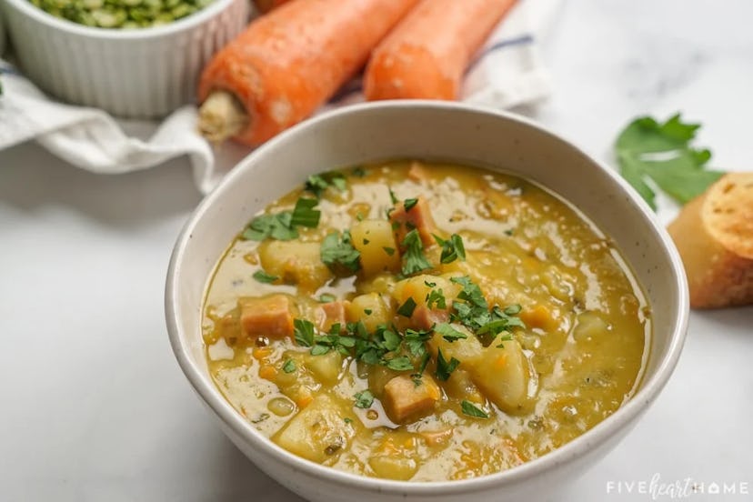 split pea soup in a white bowl spring recipe