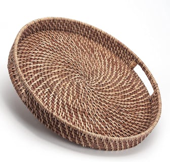 DECRAFTS Round Rattan Serving Tray with Handles