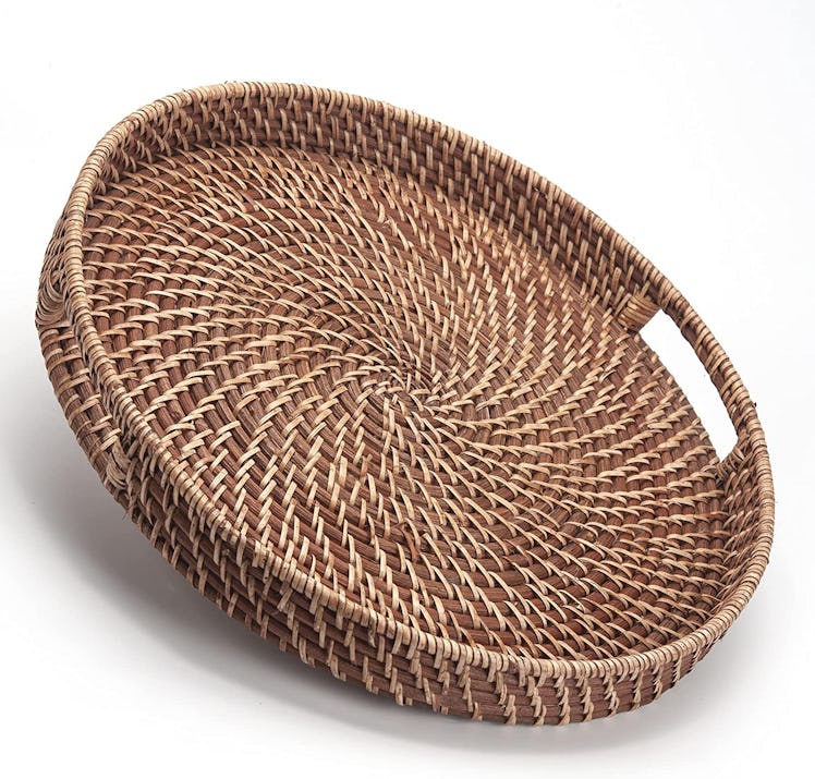 DECRAFTS Round Rattan Serving Tray with Handles