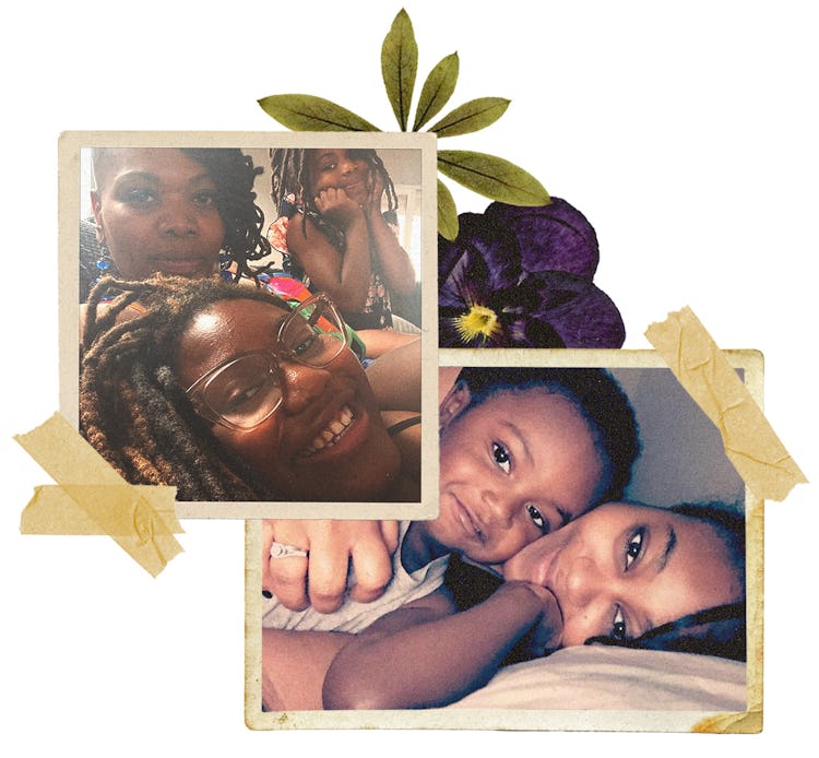 Black mothers and their children cuddle in joyful selfies.
