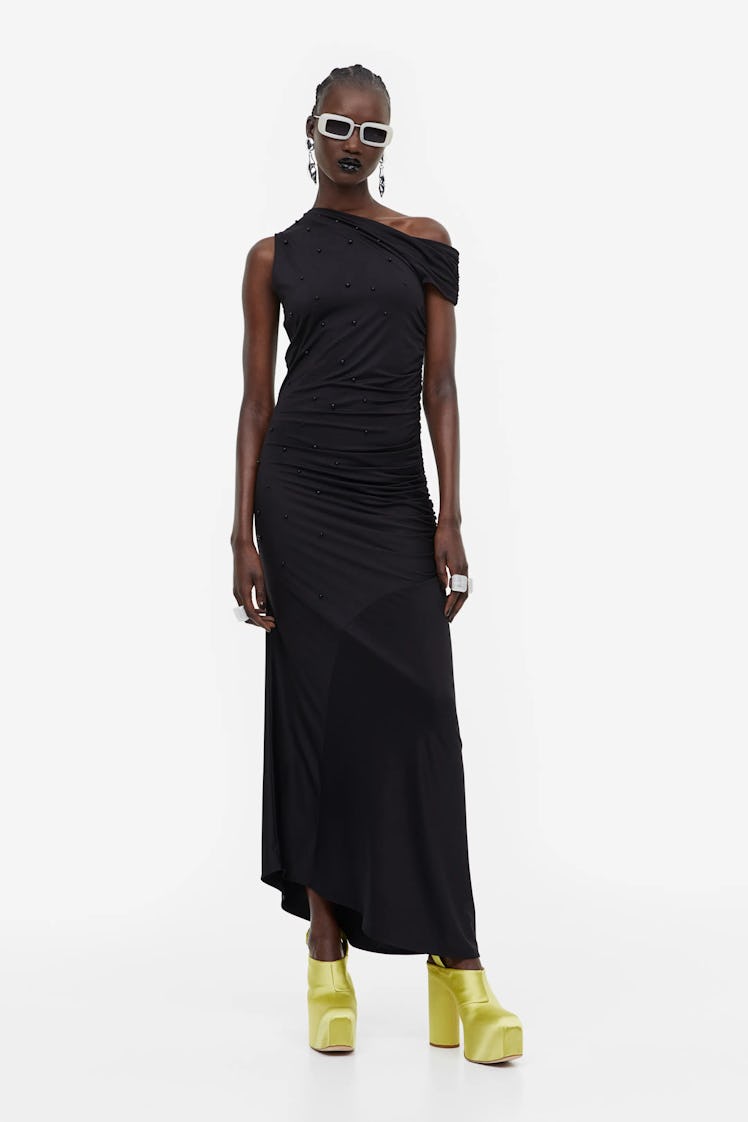 Asymmetric Gathered Jersey Dress Black