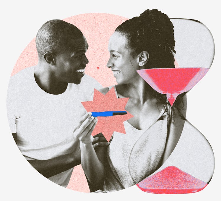 Collage of a man and woman happily looking at a pregnancy test, with an hourglass.