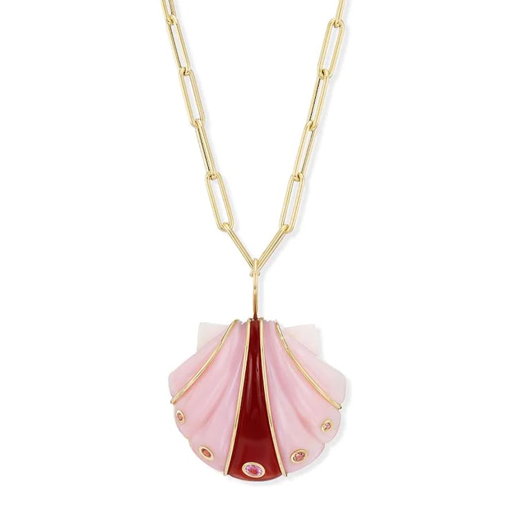 Large Carved Pink Opal & Carnelian Shell Pendant