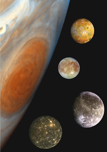 A family portrait of Jupiter and the four Galilean moons. Distances are not to scale. At the top is ...
