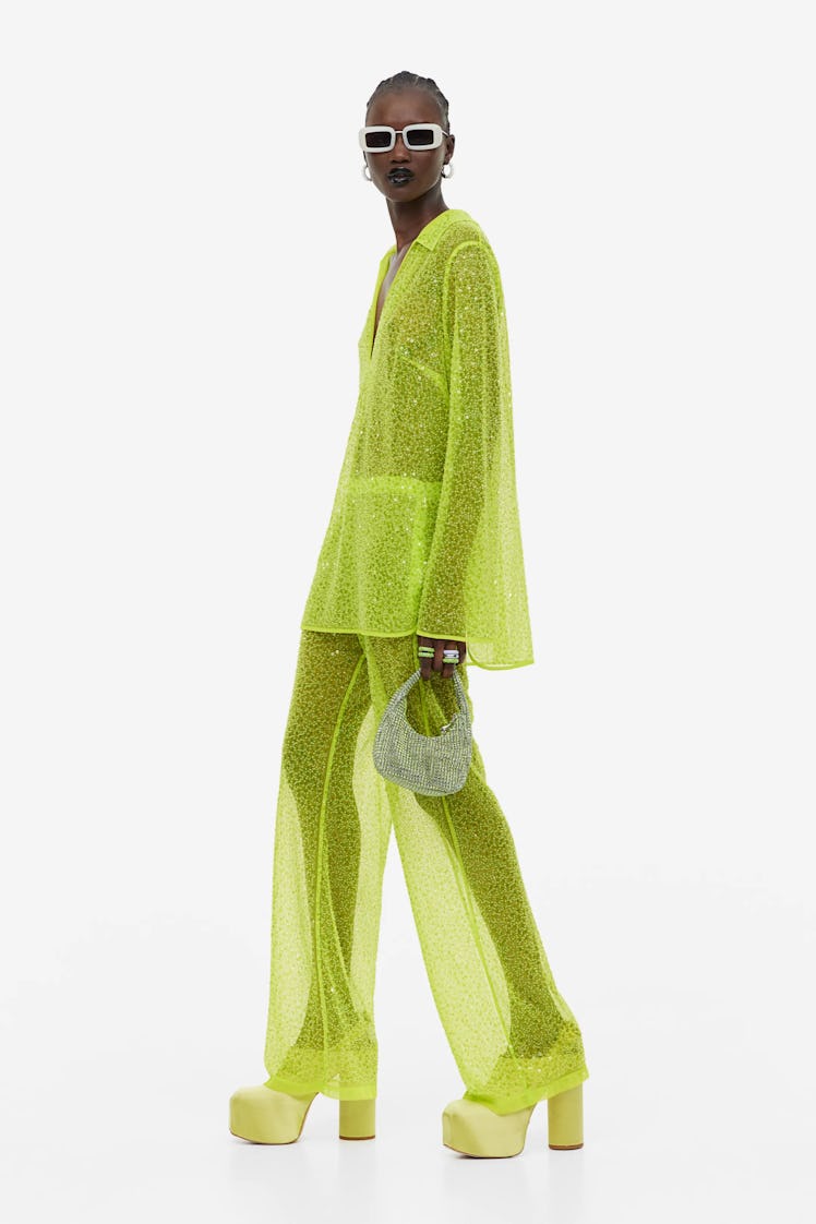 Embellished Mesh Pants Lime Green
