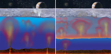 These illustrations offer two possibilities for Europa’s ice thickness. In both, the subsurface ocea...