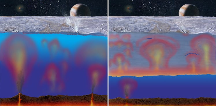 These illustrations offer two possibilities for Europa’s ice thickness. In both, the subsurface ocea...