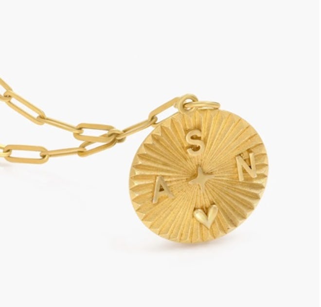 Gold Circle Initial Necklace with Compass Design