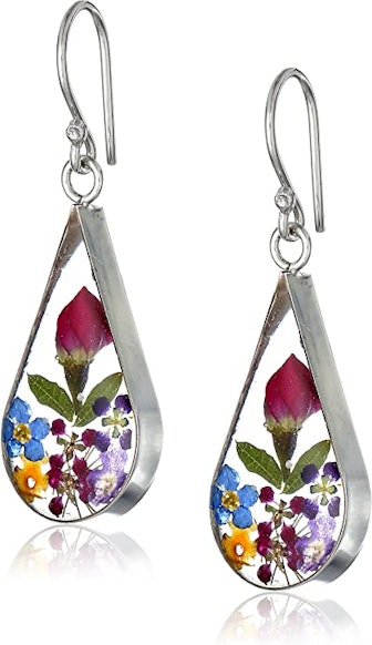 Amazon Collection Sterling Silver Pressed Flower Teardrop Earrings