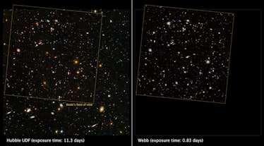 A Hubble image of thousands of galaxies appears on the left, with a comparison of the JWST's new ima...