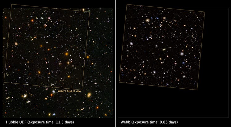 A Hubble image of thousands of galaxies appears on the left, with a comparison of the JWST's new ima...