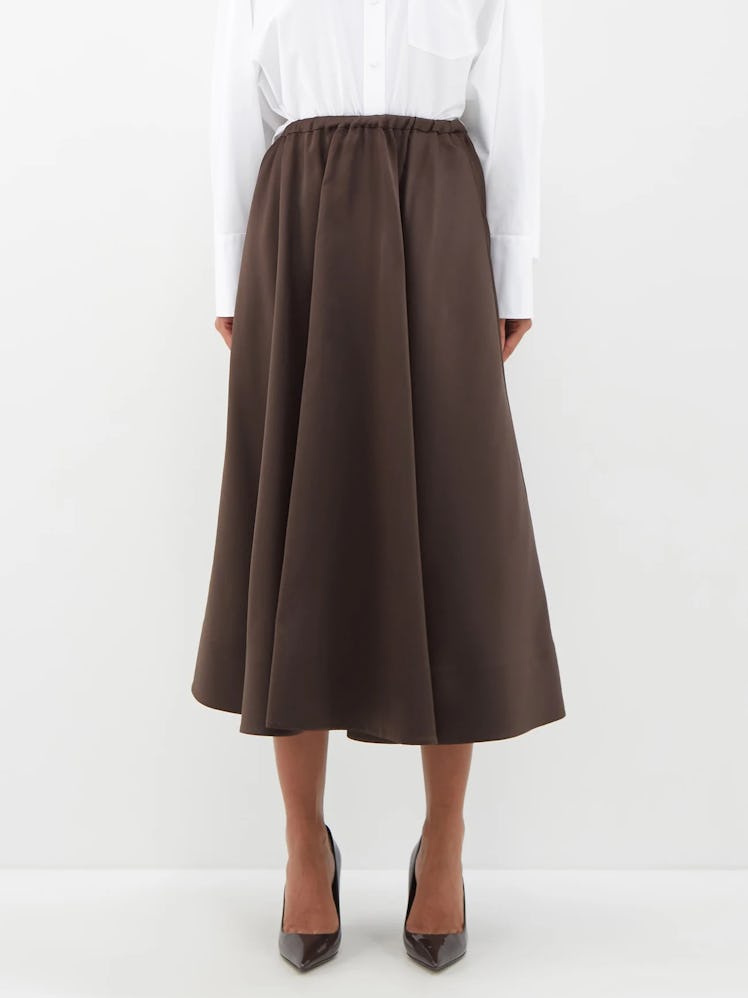 High-Waist Duchesse-Satin A-Line Midi Skirt