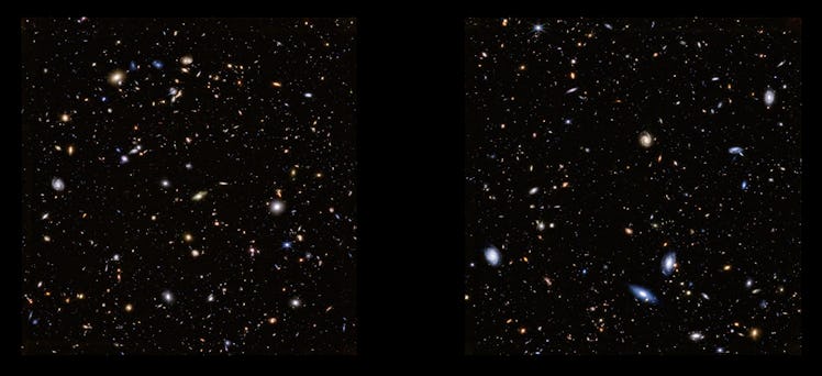Thousands of stars and galaxies appear against the darkness of space in two side-by-side images from...