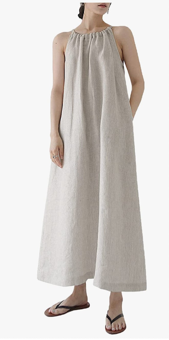 Amazhiyu Linen Halter Maxi Dress