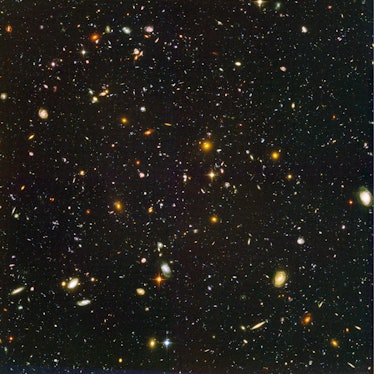 The Hubble Deep Field image, completed in 2004, which features 10,000 galaxies against the backdrop ...