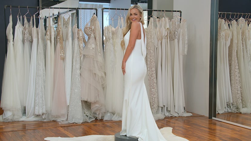 Micah Lussier trying on wedding dresses in ‘Love Is Blind’ Season 4, via Netflix’s press site