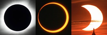 A comparison of three eclipses: total, annular, and partial. The total eclipse shows the sun complet...