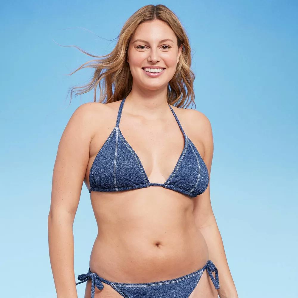 Denim Textured Triangle Bikini Top