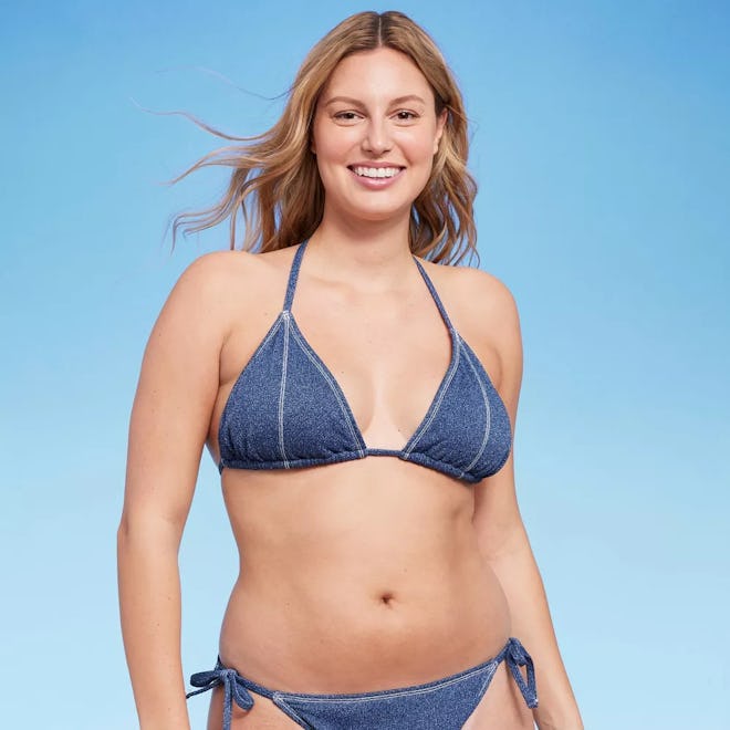 Denim Textured Triangle Bikini Top