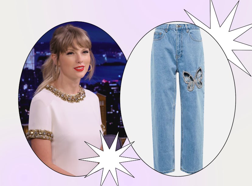 Cheap dupes for Taylor Swift's butterfly jeans, "rebirth" pants from Area.