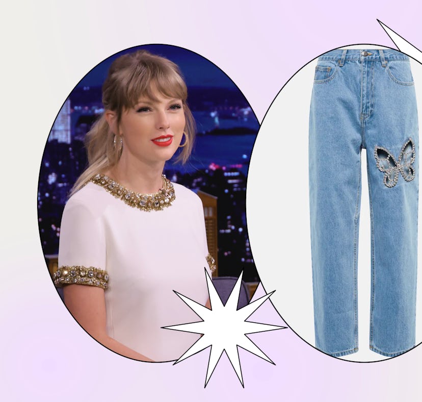 Cheap dupes for Taylor Swift's butterfly jeans, "rebirth" pants from Area.