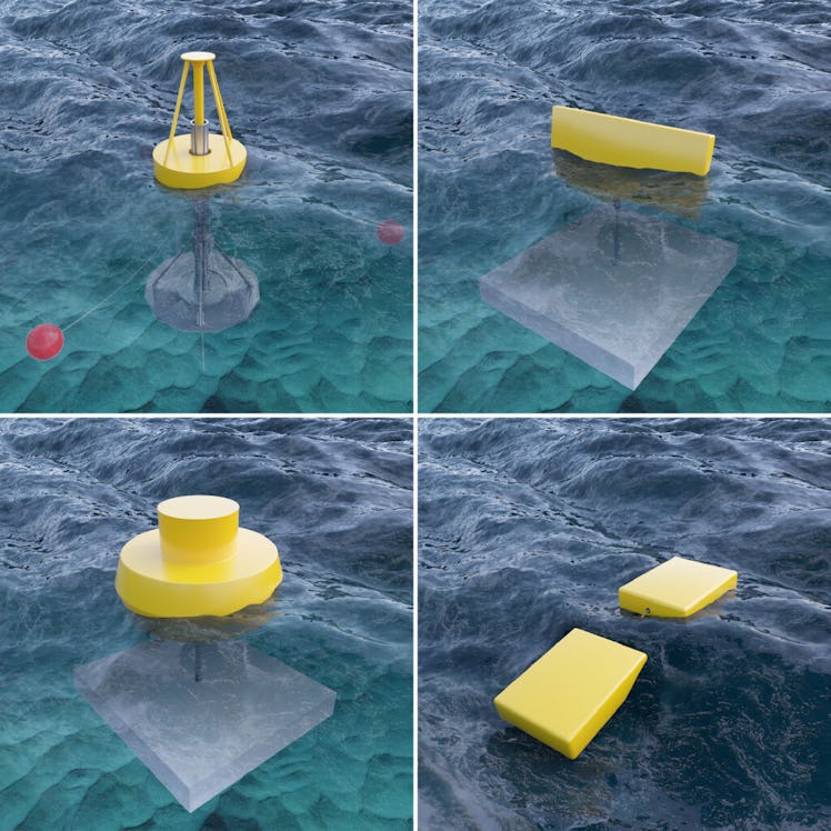An illustration of various concepts for devices that convert wave energy into electricity.