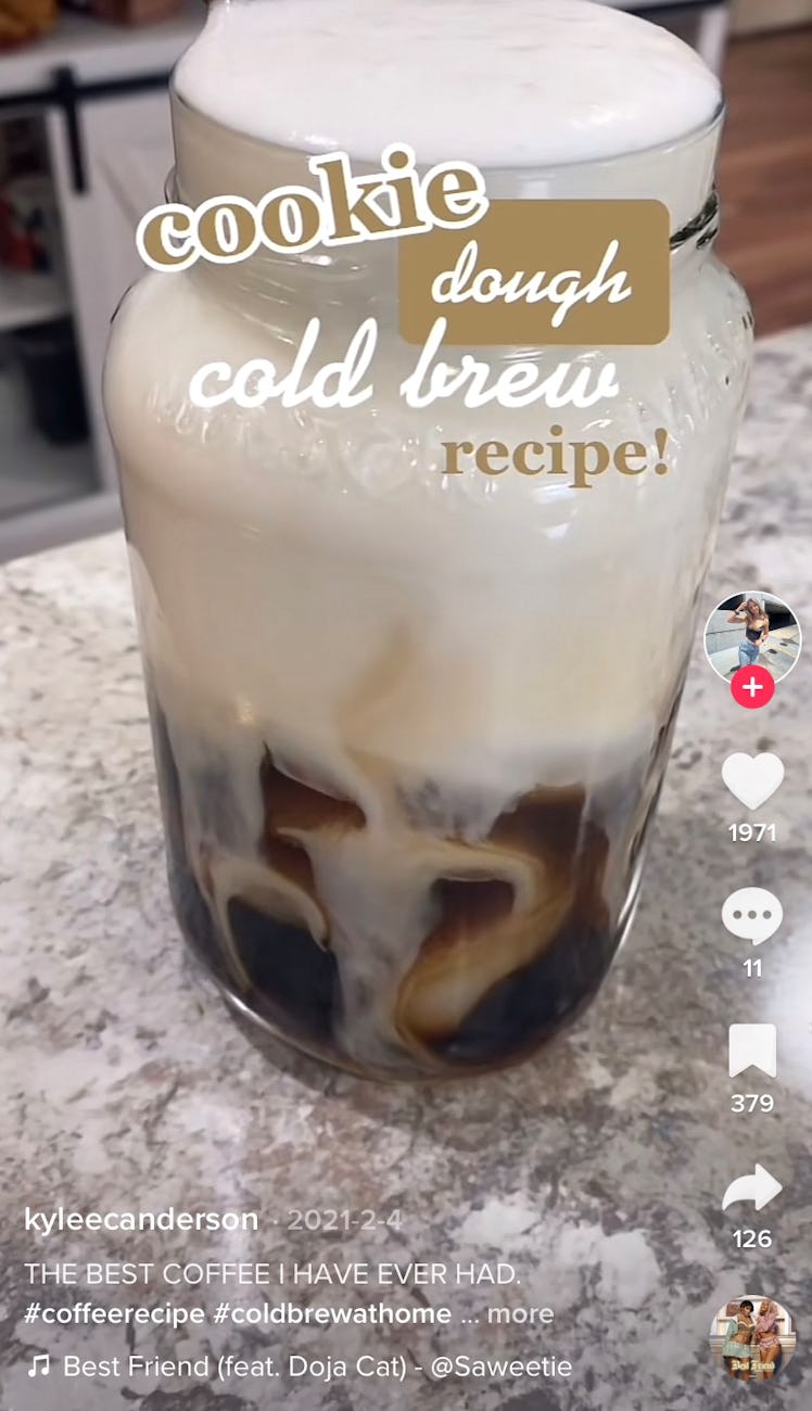 A TikToker shares cold brew recipes on TikTok like this cookie dough cold brew latte. 