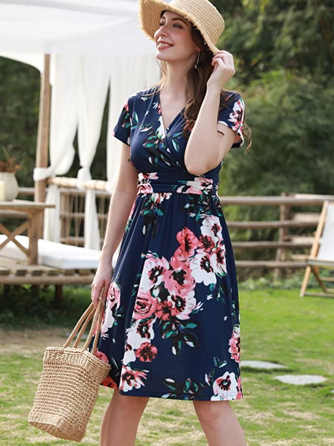 OUGES Short Sleeve Faux Wrap Dress