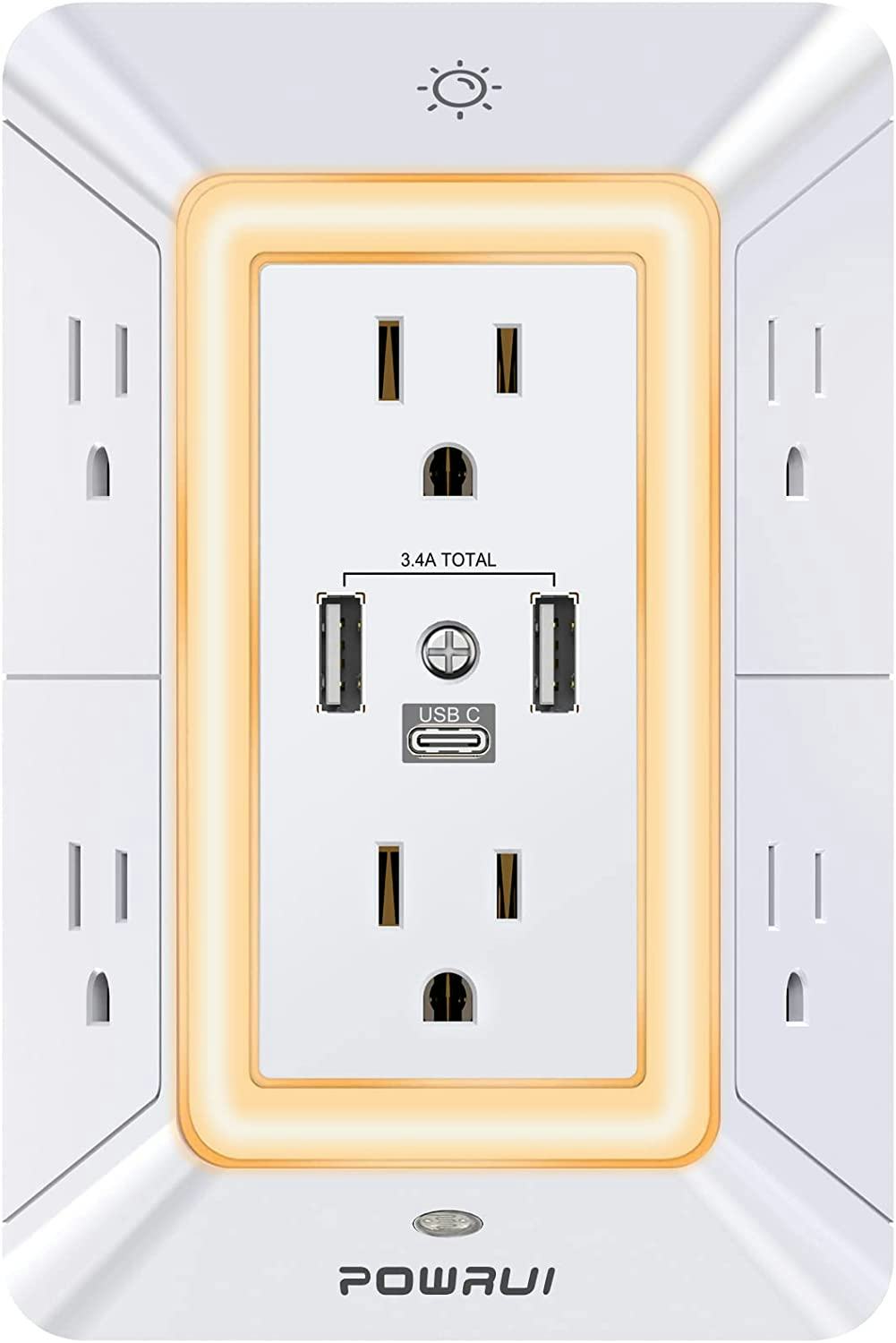 Powrui Surge Protector USB Outlet Extender With Nightlight