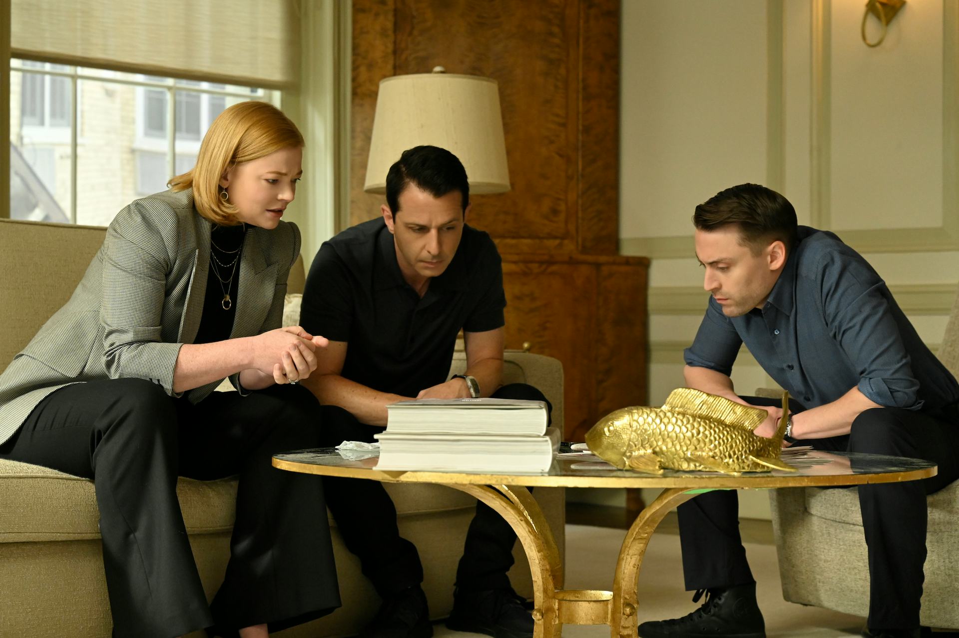 Sarah Snook, Jeremy Strong, and Kieran Culkin taking in a conference call in &lsquo;Succession&rsquo; Season 4 E&hellip;