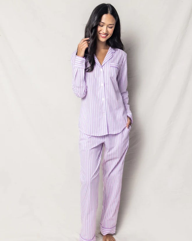 A Mother's Day gift idea for mother-in-law: a pretty lavender pajama set with pants and button up sh...