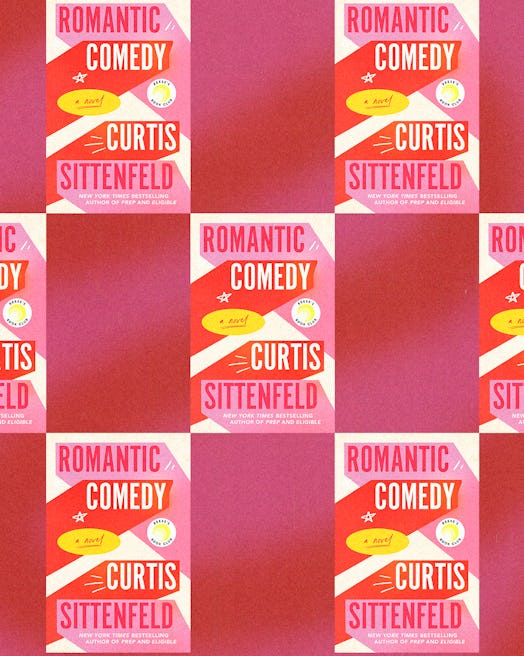 A patchwork-like collage featuring the cover of the book Romantic Comedy by Curtis Sittenfeld