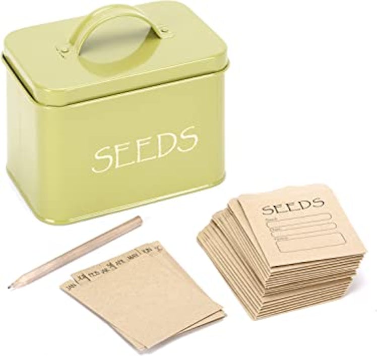 For a fun and easy way to organizer your garden seeds, consider this steel seed box that comes with ...