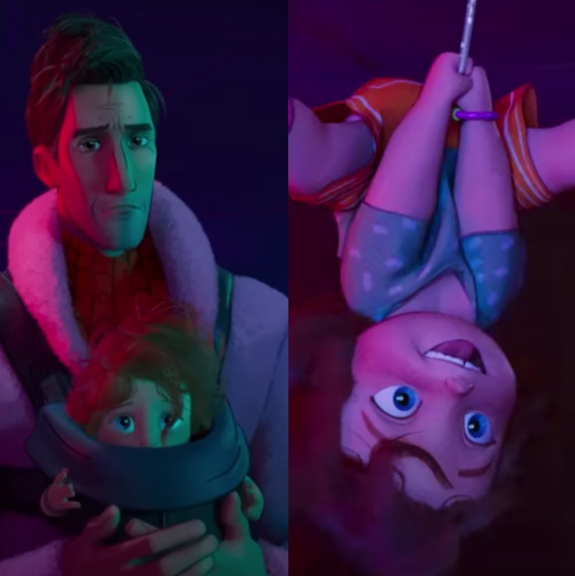 Peter Parker babywearing May Parker and an image of May Parker smiling as she hangs upside-down.