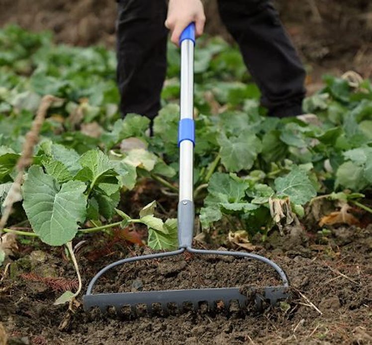 Use this heavy duty garden rake to till the soil for planting grass seed and preparing gardens.