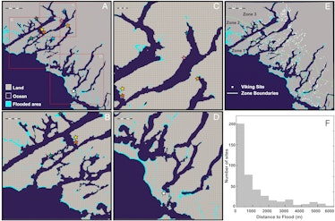 Light blue shading shows flooding along the coastline of Greenland in different areas during the tim...