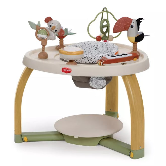 5-in-1 stationary activity center for babies with boho theme