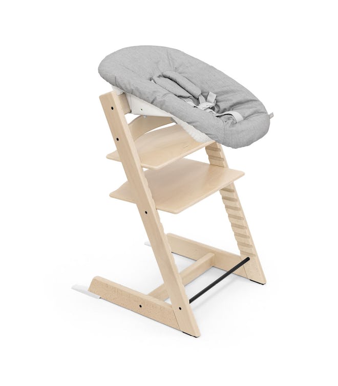 Light wooden chair for baby with grey adjustable seat