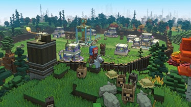 Defending village with walls, towers, and carpenter huts in Minecraft Legends