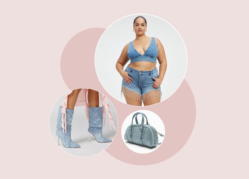 rhinestone denim fashion trend shorts, boots, bag