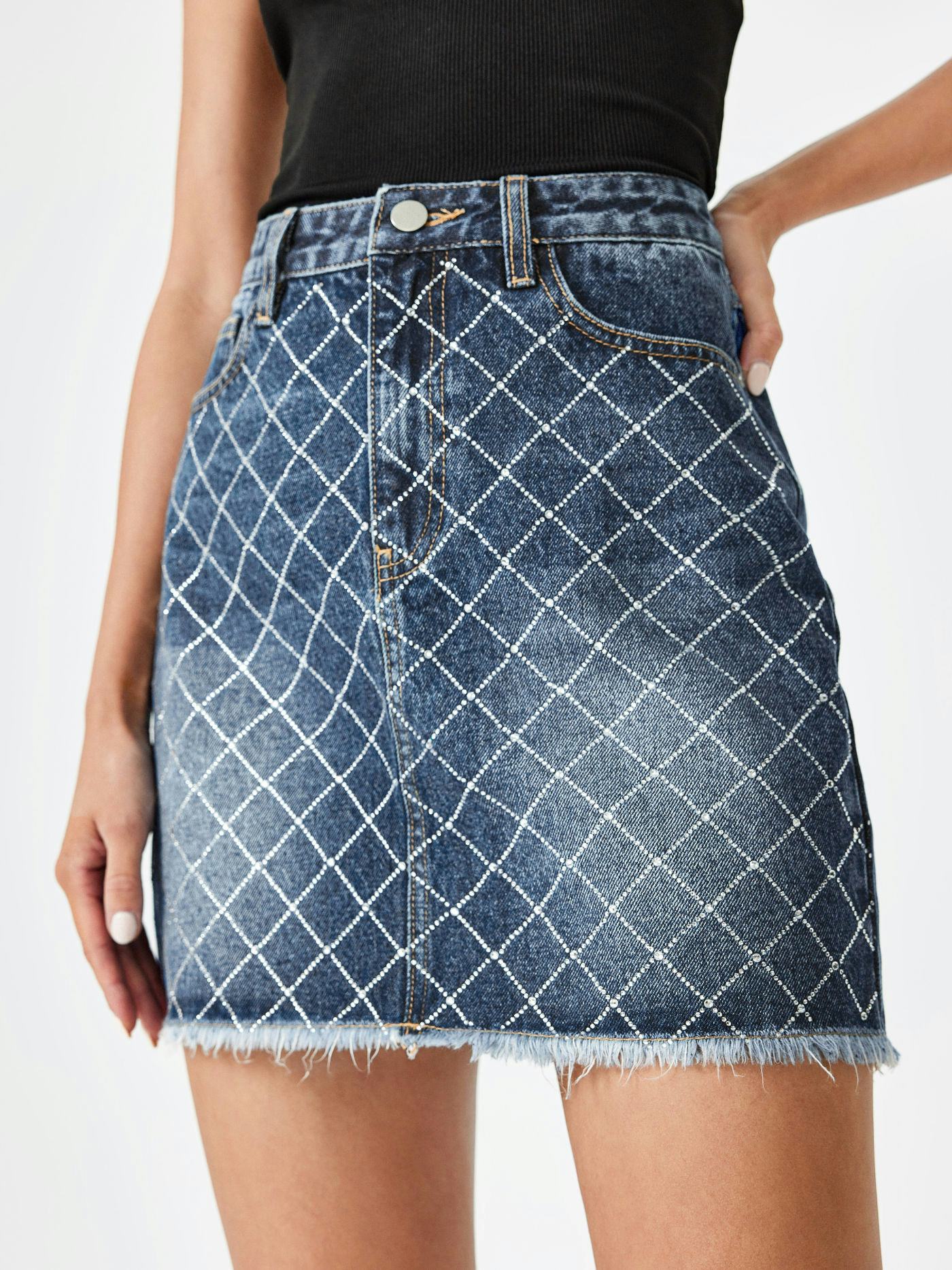 Denim Rhinestone Raw Hem Mini Skirt