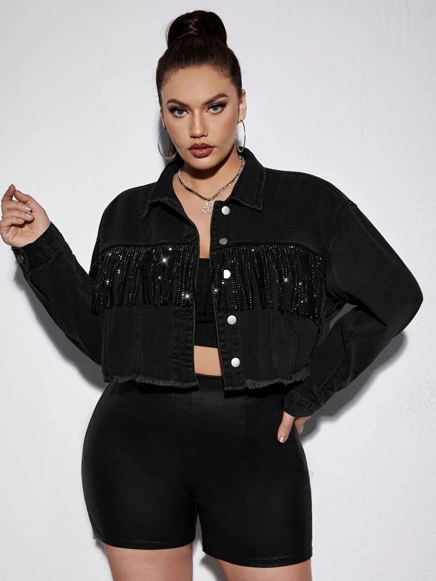 Fringe Trim Drop Shoulder Raw Cut Denim Jacket